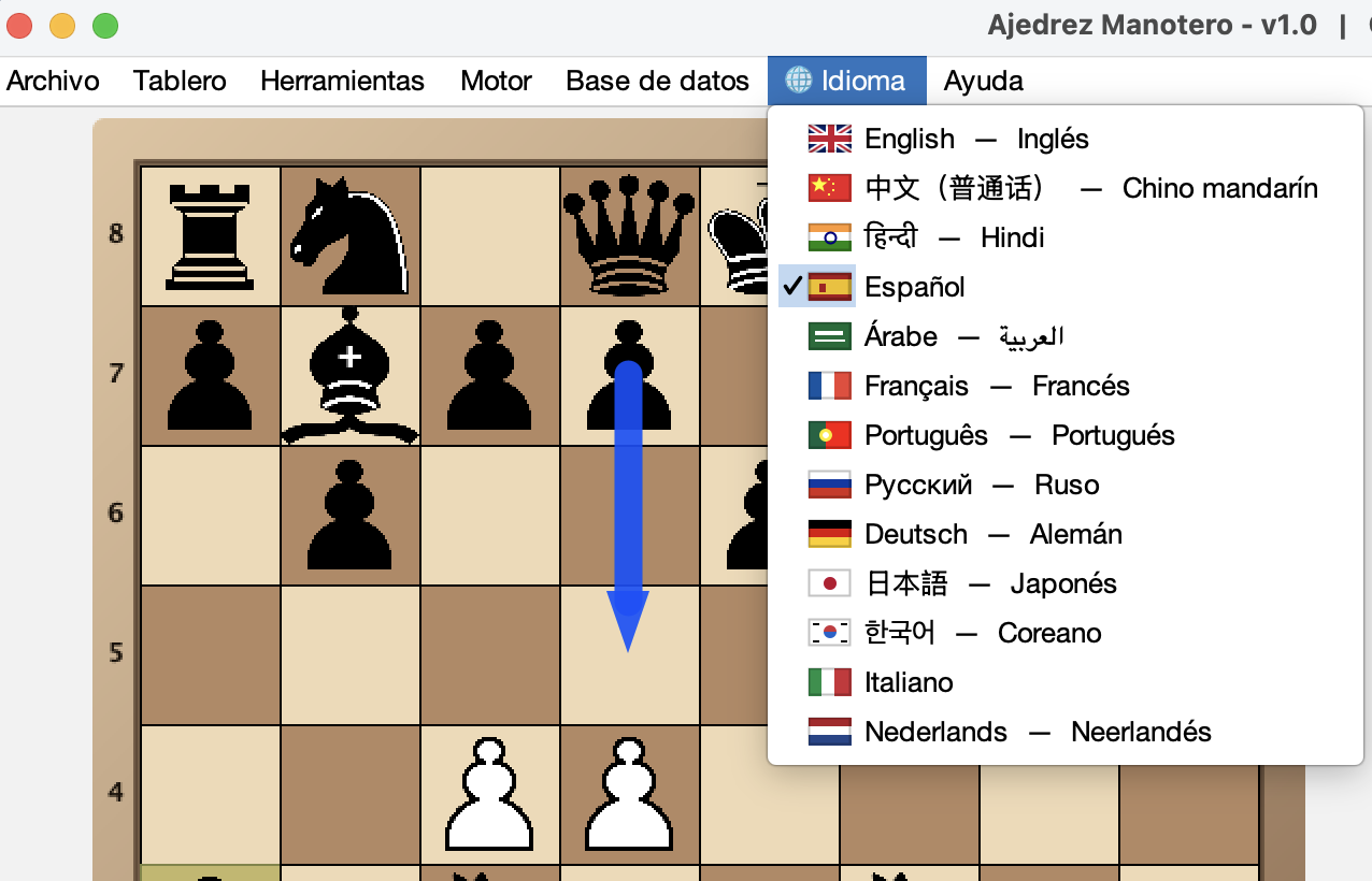 Menú de selección de idioma de la interfaz
