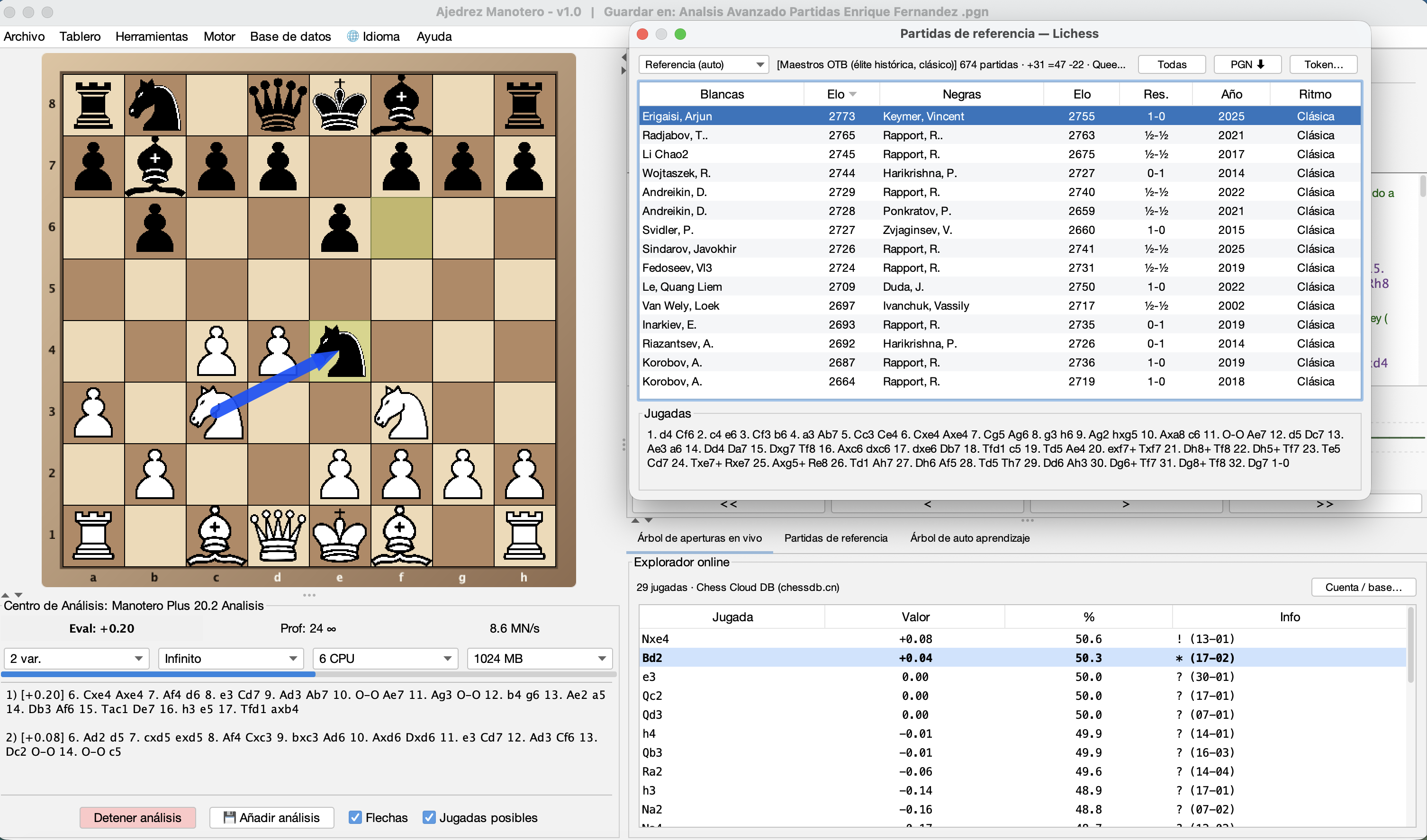 Lista de partidas de referencia junto al tablero